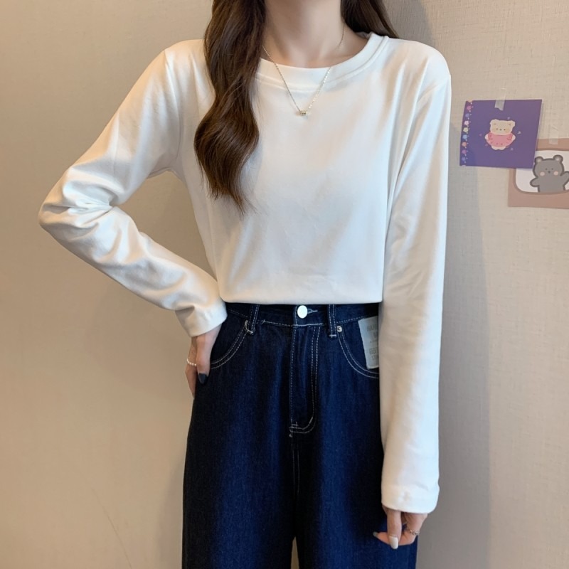 大碼女裝胖MM洋氣百搭德絨打底衫女秋冬內搭上衣圓領純色長袖T恤-細節圖3