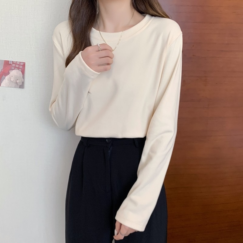 大碼女裝胖MM洋氣百搭德絨打底衫女秋冬內搭上衣圓領純色長袖T恤-細節圖4