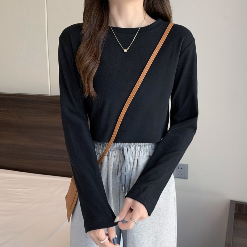 大碼女裝胖MM洋氣百搭德絨打底衫女秋冬內搭上衣圓領純色長袖T恤-細節圖5