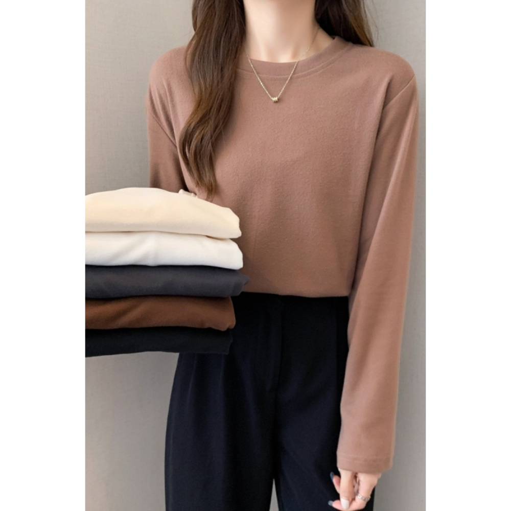 大碼女裝胖MM洋氣百搭德絨打底衫女秋冬內搭上衣圓領純色長袖T恤-細節圖6