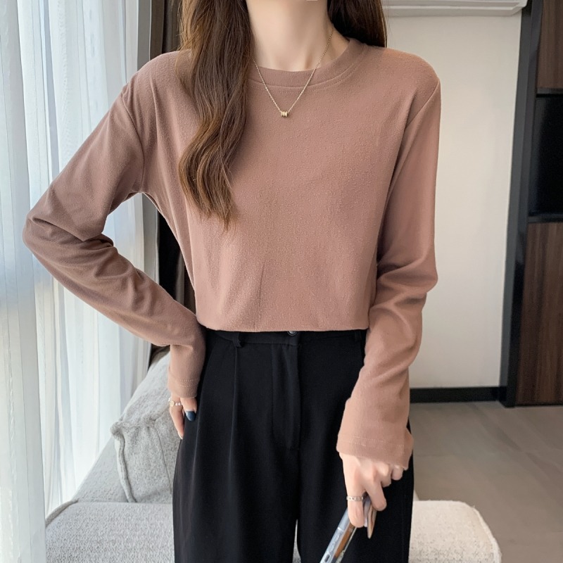 大碼女裝胖MM洋氣百搭德絨打底衫女秋冬內搭上衣圓領純色長袖T恤-細節圖7