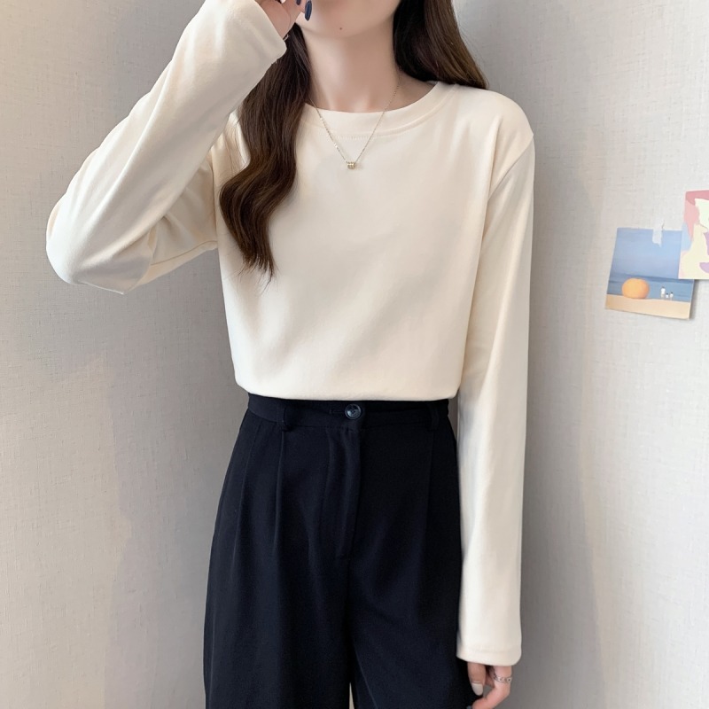 大碼女裝胖MM洋氣百搭德絨打底衫女秋冬內搭上衣圓領純色長袖T恤-細節圖8