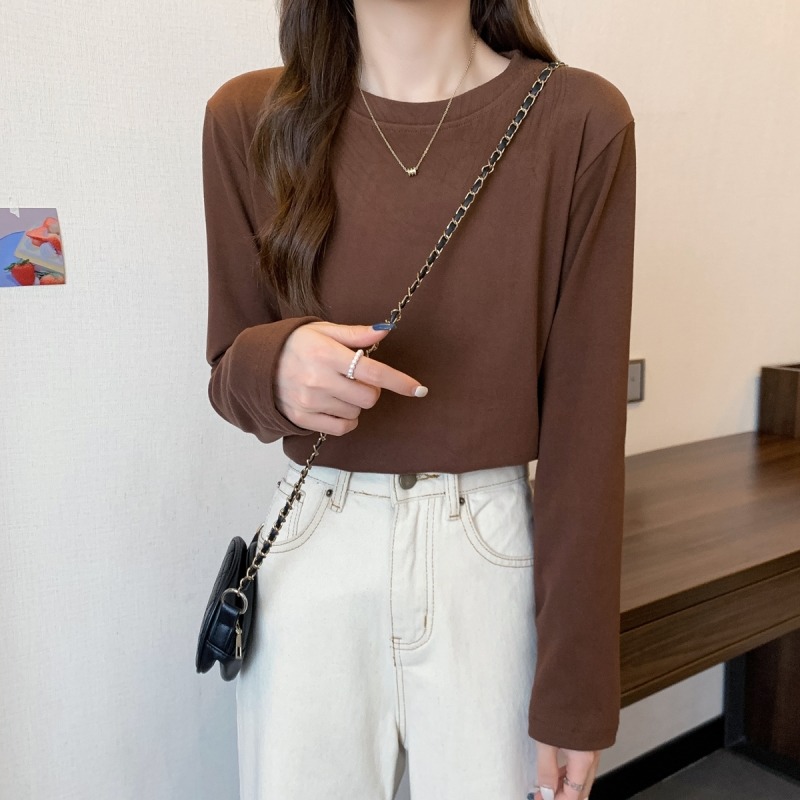 大碼女裝胖MM洋氣百搭德絨打底衫女秋冬內搭上衣圓領純色長袖T恤-細節圖9