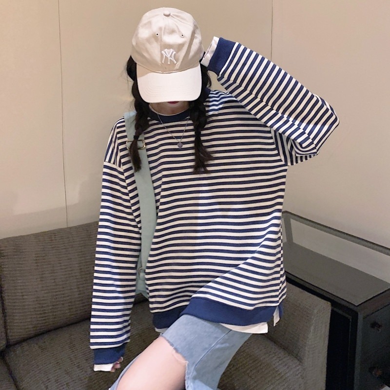 年秋冬新款慵懶風寬松圓領假兩件衛衣女裝小個子條紋無帽上衣-細節圖2