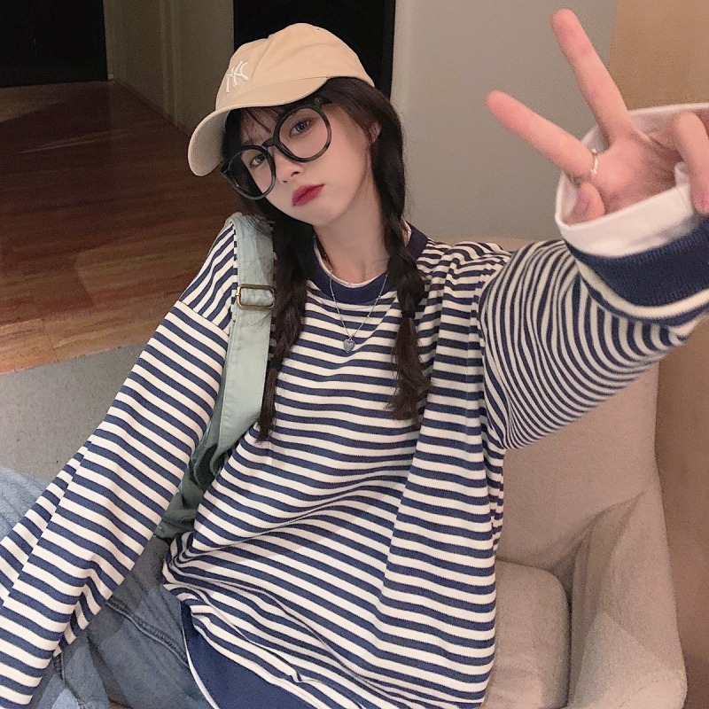 年秋冬新款慵懶風寬松圓領假兩件衛衣女裝小個子條紋無帽上衣-細節圖3