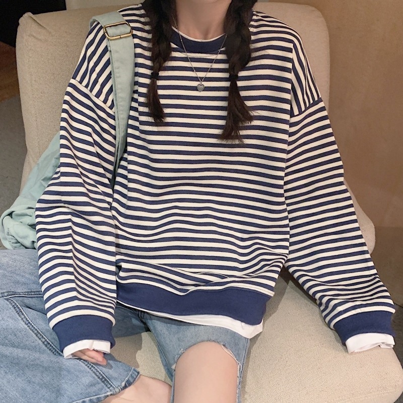 年秋冬新款慵懶風寬松圓領假兩件衛衣女裝小個子條紋無帽上衣-細節圖4