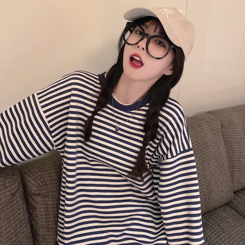 年秋冬新款慵懶風寬松圓領假兩件衛衣女裝小個子條紋無帽上衣-細節圖5