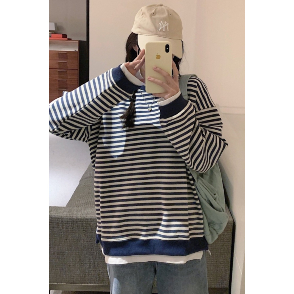 年秋冬新款慵懶風寬松圓領假兩件衛衣女裝小個子條紋無帽上衣-細節圖6