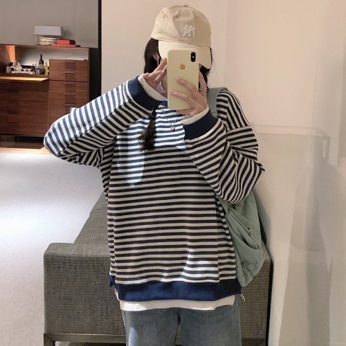 年秋冬新款慵懶風寬松圓領假兩件衛衣女裝小個子條紋無帽上衣-細節圖7