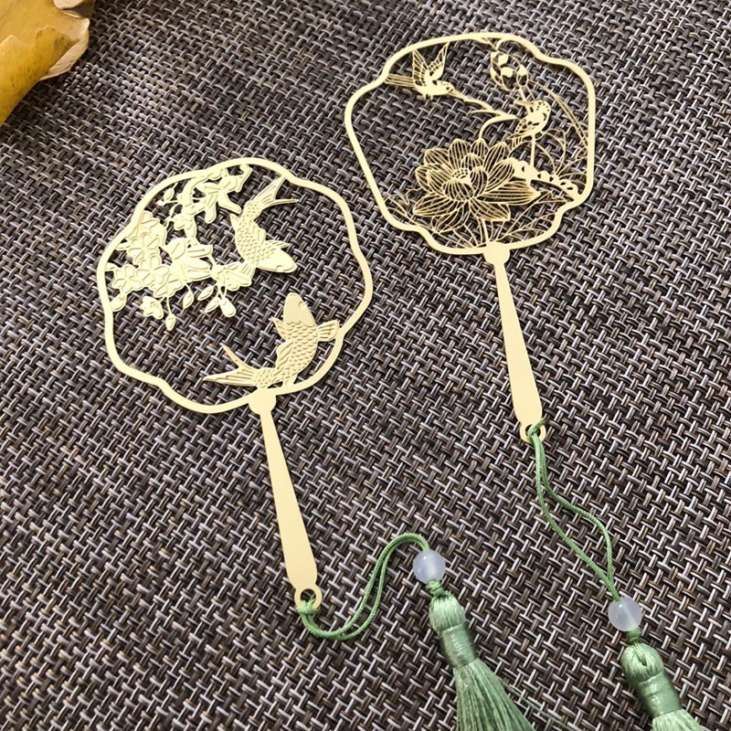 中國錦鯉團扇書簽古典文藝金屬創意禮品荷花流蘇古風黃銅書簽文具-細節圖2