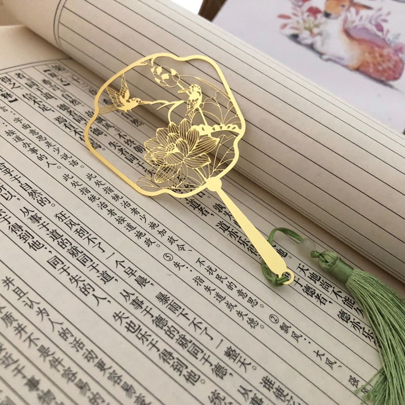 中國錦鯉團扇書簽古典文藝金屬創意禮品荷花流蘇古風黃銅書簽文具-細節圖3