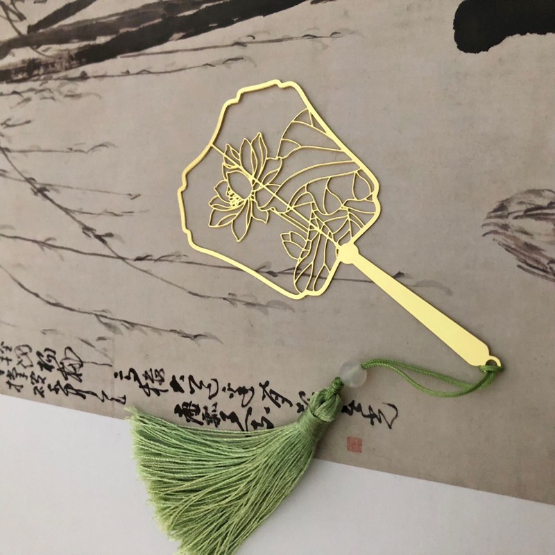中國錦鯉團扇書簽古典文藝金屬創意禮品荷花流蘇古風黃銅書簽文具-細節圖4