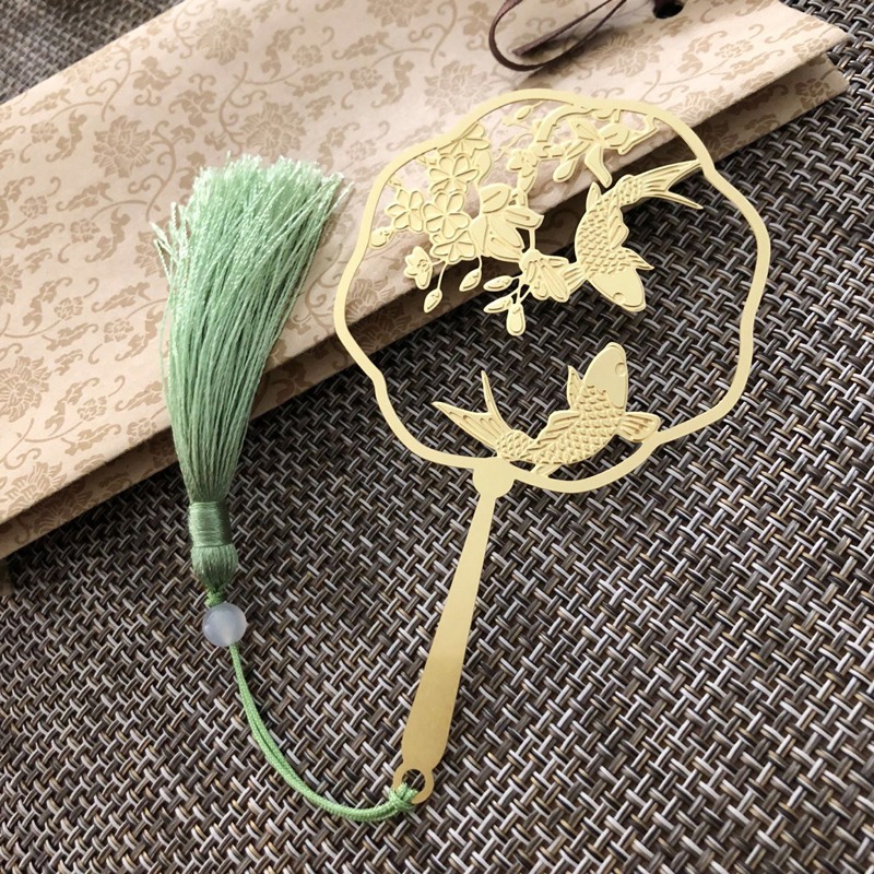 中國錦鯉團扇書簽古典文藝金屬創意禮品荷花流蘇古風黃銅書簽文具-細節圖7