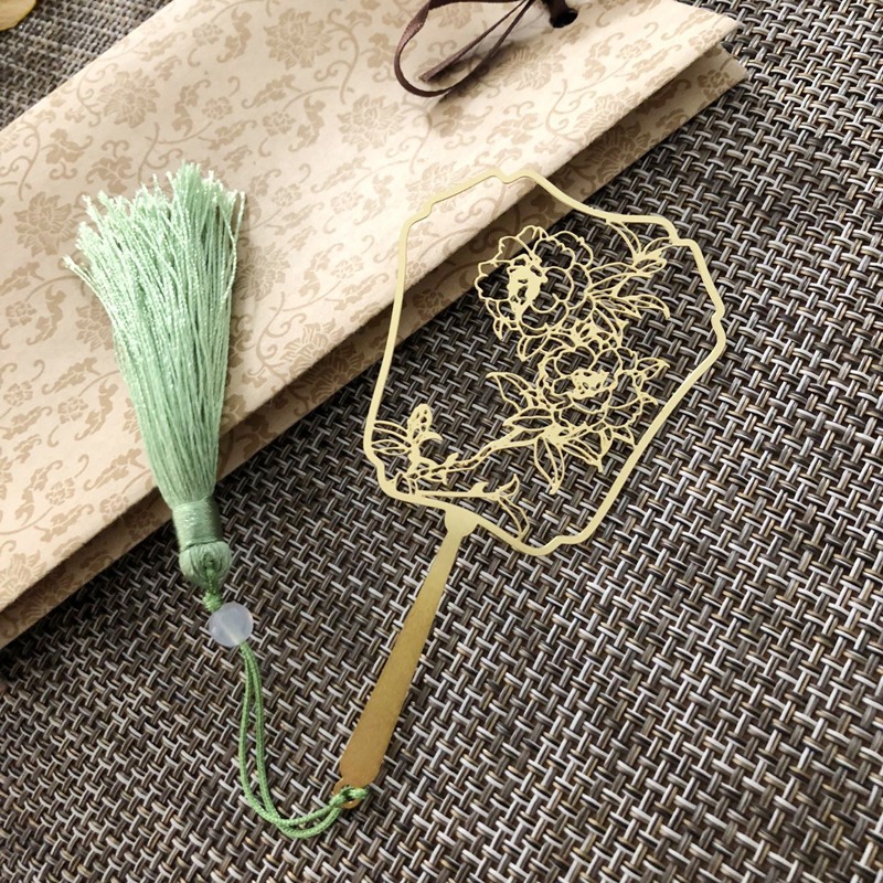 中國錦鯉團扇書簽古典文藝金屬創意禮品荷花流蘇古風黃銅書簽文具-細節圖8