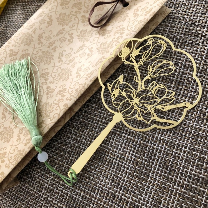 中國錦鯉團扇書簽古典文藝金屬創意禮品荷花流蘇古風黃銅書簽文具-細節圖10