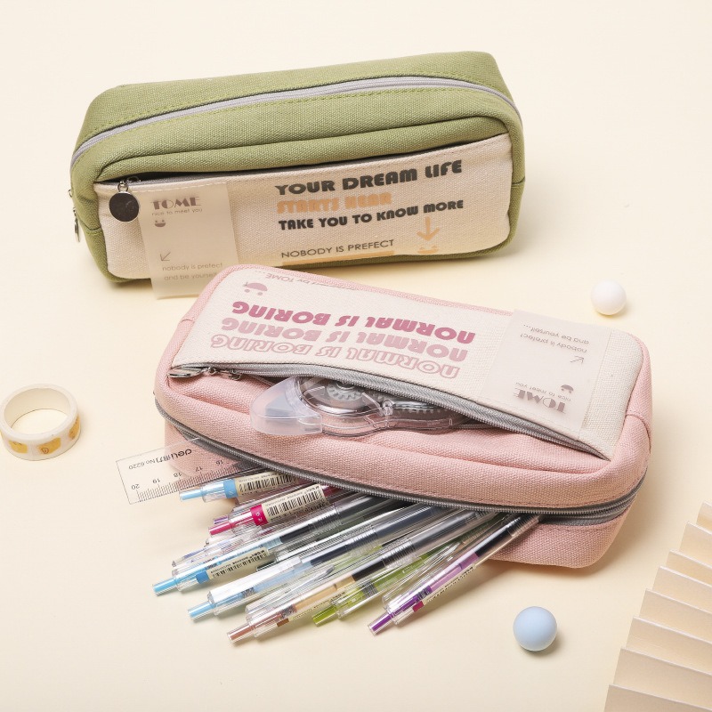 小學生日系風帆布筆袋初中生創意簡約拼接大容易雙層文具小收納袋-細節圖3