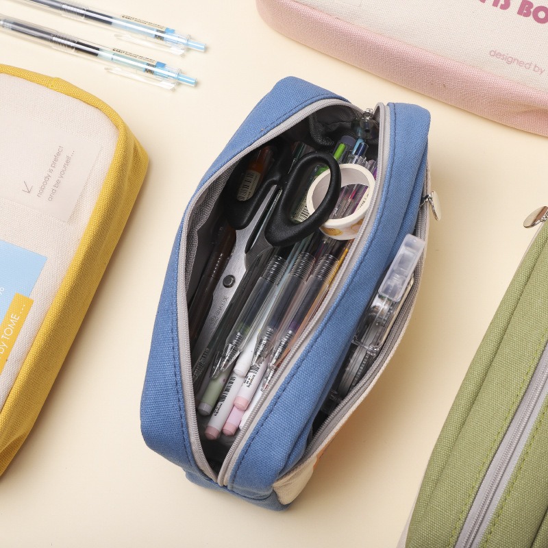 小學生日系風帆布筆袋初中生創意簡約拼接大容易雙層文具小收納袋-細節圖4