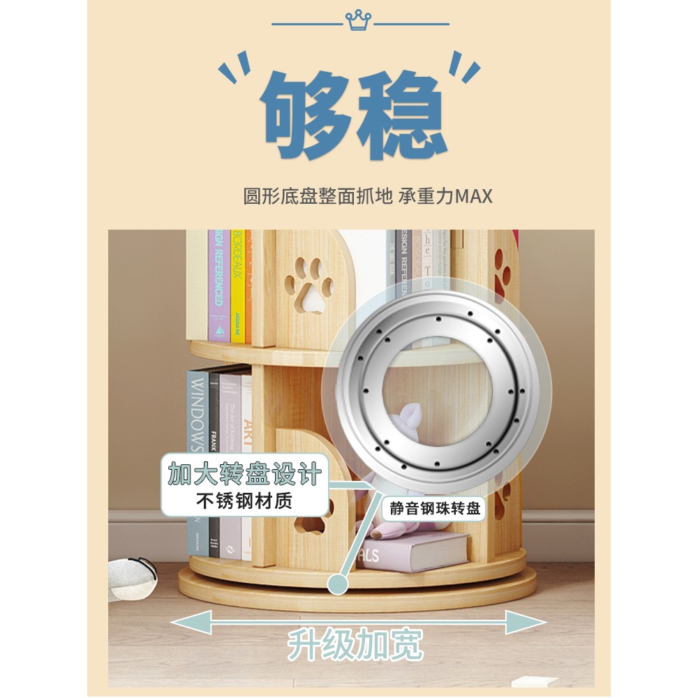 兒童旋轉書架實木落地繪本架飄窗置物架360度轉角小型簡易小書櫃-細節圖4