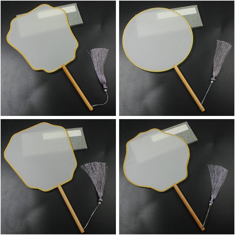 中國風長柄黑檀櫸木熟絹空白團扇半透明宮扇工筆手繪扇子diy刺繡-細節圖4