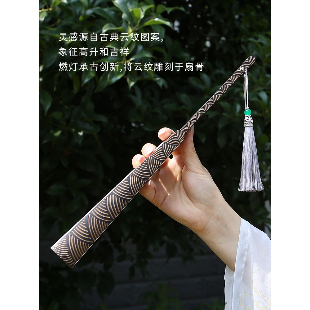 燃燈新品雲紋雕刻扇手工空白灑金絹布宣紙摺扇國潮古風帶流蘇10寸-細節圖3