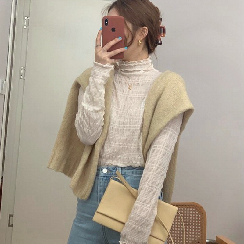 長袖半高領蕾絲打底衫女春秋短款內搭網紗上衣服漂亮洋氣減齡小衫-細節圖2