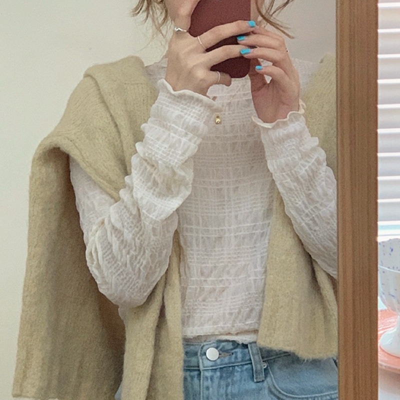 長袖半高領蕾絲打底衫女春秋短款內搭網紗上衣服漂亮洋氣減齡小衫-細節圖3