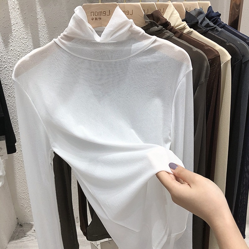 年春秋新款長袖半高領蕾絲打底衫女網紗內搭上衣修身短款小衫-細節圖2