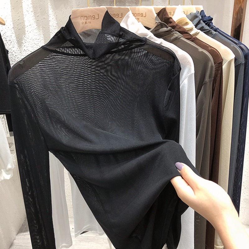 年春秋新款長袖半高領蕾絲打底衫女網紗內搭上衣修身短款小衫-細節圖3