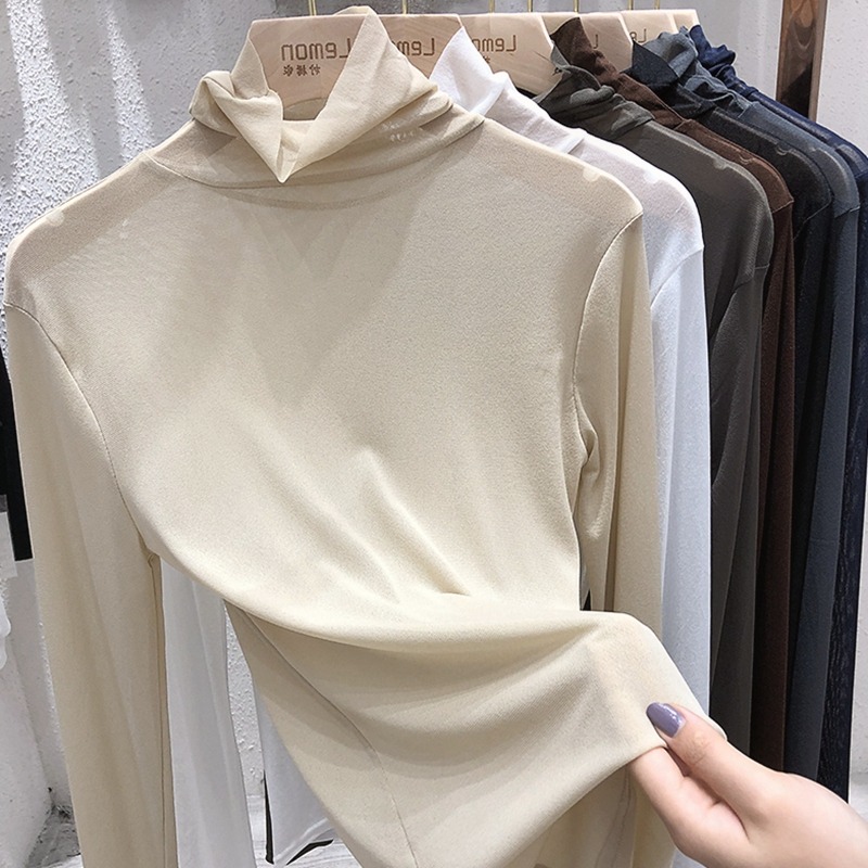 年春秋新款長袖半高領蕾絲打底衫女網紗內搭上衣修身短款小衫-細節圖4