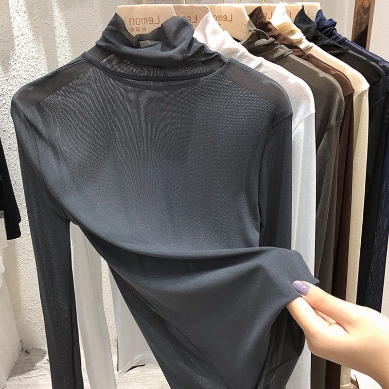 年春秋新款長袖半高領蕾絲打底衫女網紗內搭上衣修身短款小衫-細節圖5