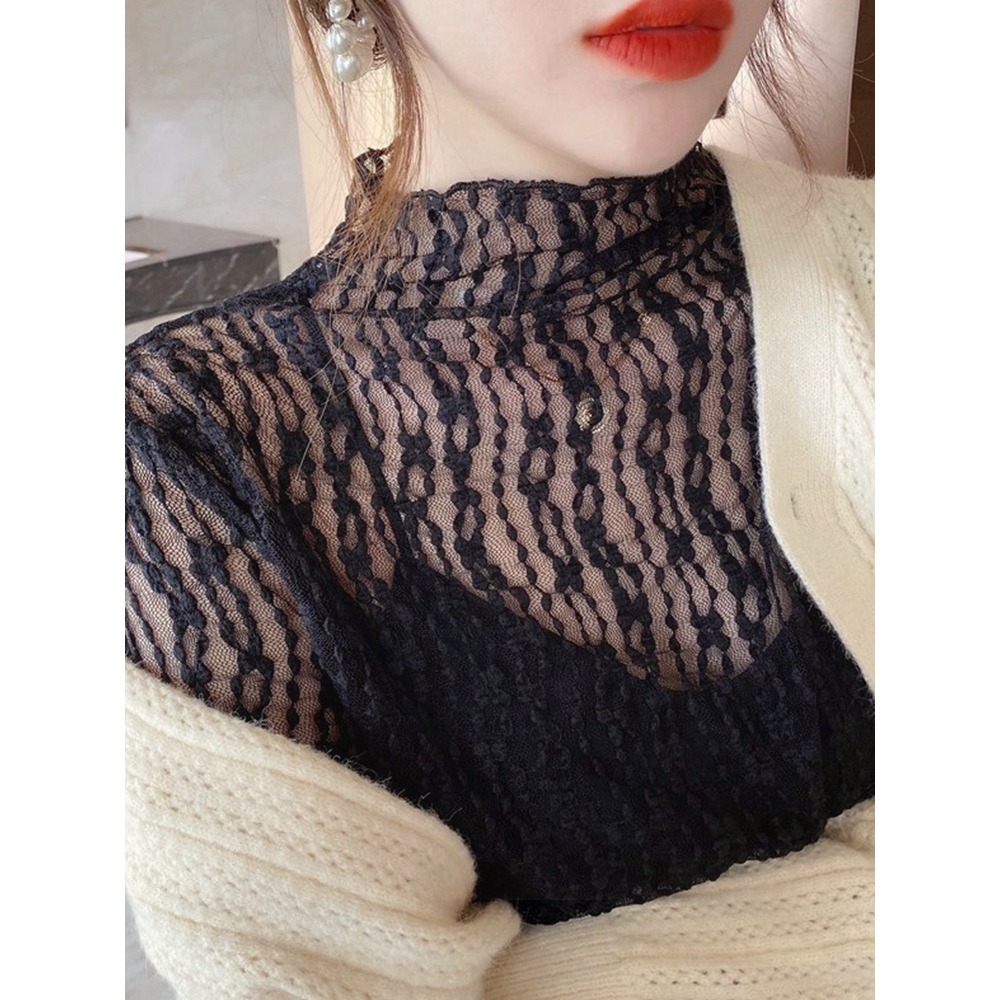 長袖蕾絲打底衫女秋冬半高領內搭鏤空網紗上衣服洋氣漂亮短款小衫-細節圖2