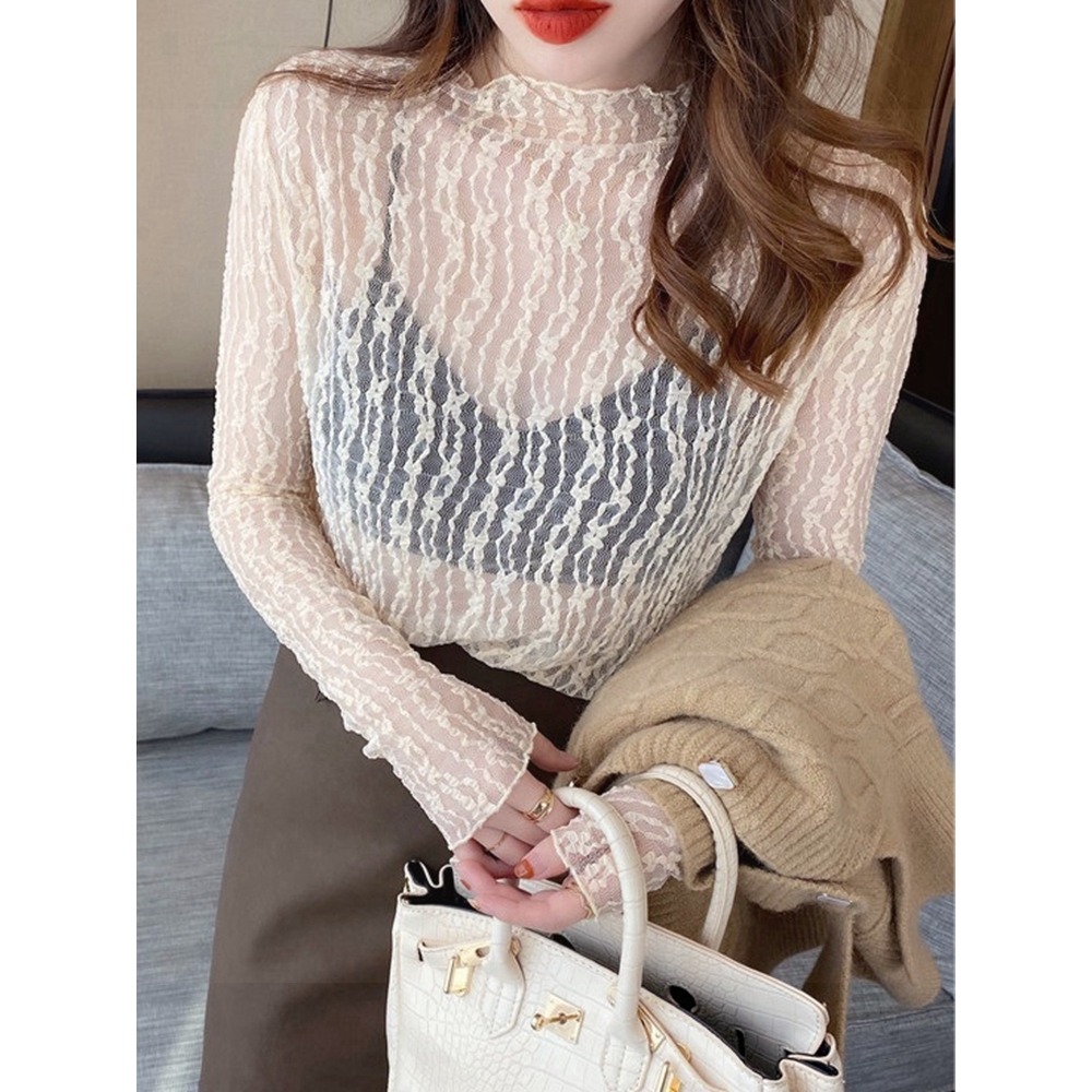 長袖蕾絲打底衫女秋冬半高領內搭鏤空網紗上衣服洋氣漂亮短款小衫-細節圖3