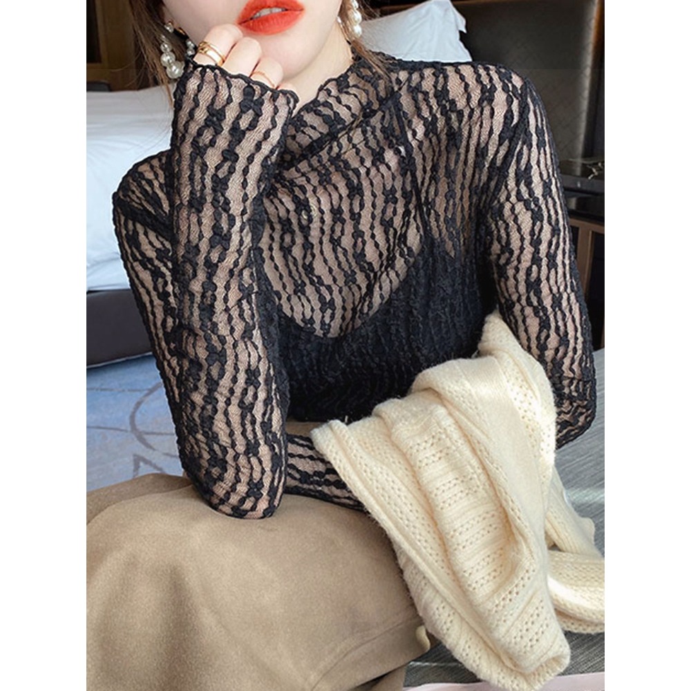 長袖蕾絲打底衫女秋冬半高領內搭鏤空網紗上衣服洋氣漂亮短款小衫-細節圖4