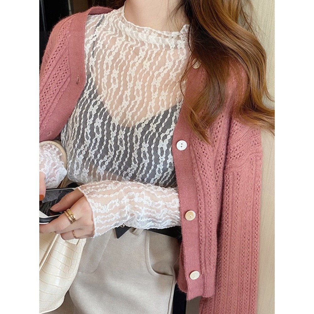 長袖蕾絲打底衫女秋冬半高領內搭鏤空網紗上衣服洋氣漂亮短款小衫-細節圖5