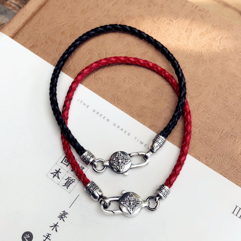S925銀本命年紅繩男女情侶手鏈百搭六子真言編織紅黑皮繩禮物-細節圖2