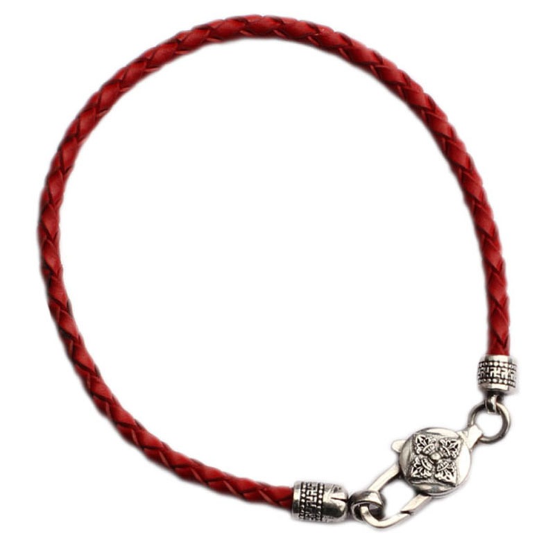 S925銀本命年紅繩男女情侶手鏈百搭六子真言編織紅黑皮繩禮物-細節圖5