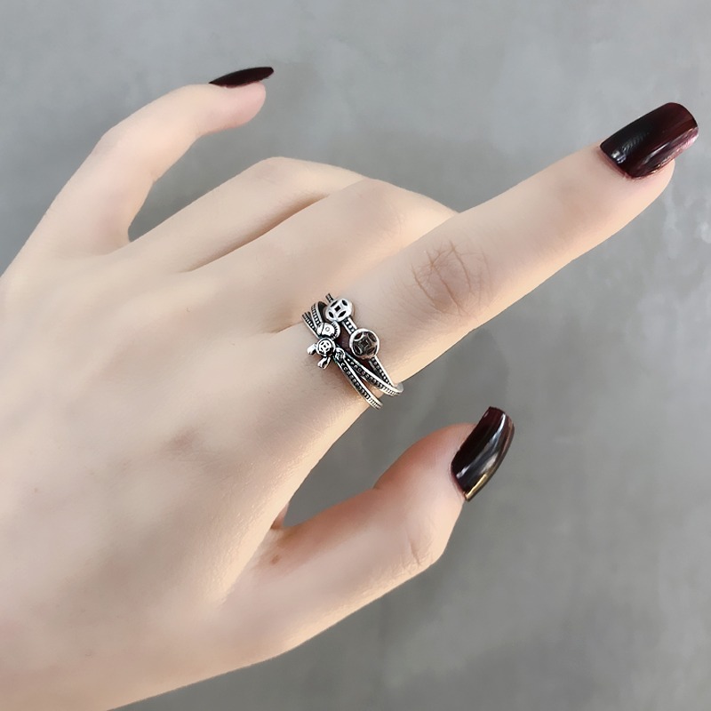 S925銀馬上有錢銀戒指可調節字母坦克時尚潮流個性韓版戒子指環-細節圖3