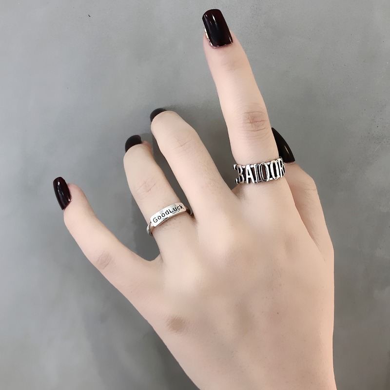 S925銀星星字母戒指百搭GOOD LUCK疊戴個性韓版簡約指環戒子禮物-細節圖3