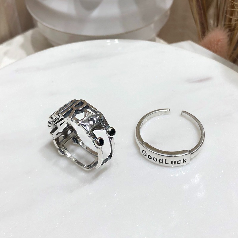 S925銀星星字母戒指百搭GOOD LUCK疊戴個性韓版簡約指環戒子禮物-細節圖4