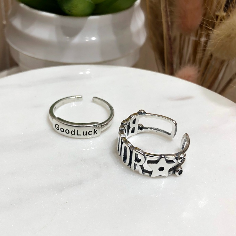 S925銀星星字母戒指百搭GOOD LUCK疊戴個性韓版簡約指環戒子禮物-細節圖5
