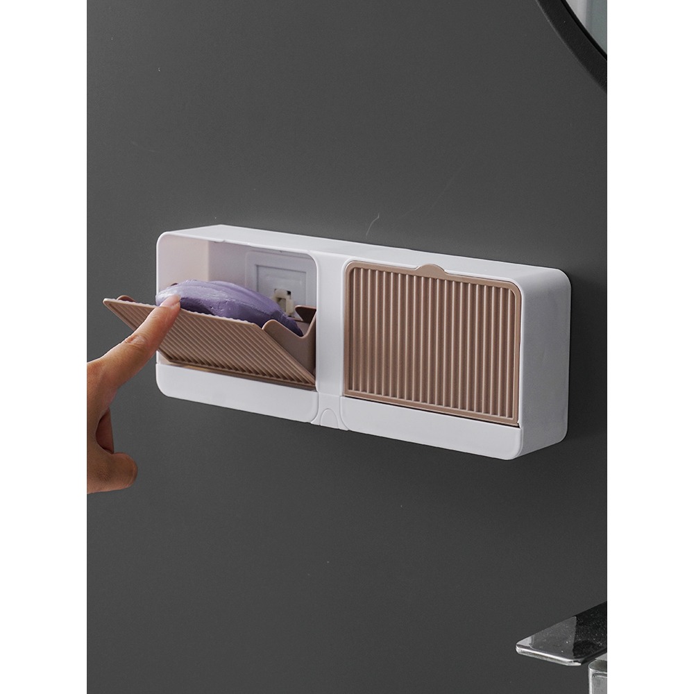 肥皂盒壁掛式瀝水衛生間學生宿舍香皂盒帶蓋免打孔創意雙層皁盒架-細節圖5