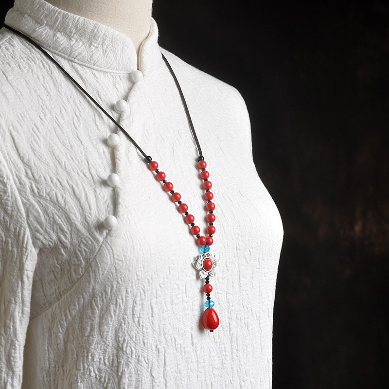 硃砂毛衣鏈蓮花吊墜紅色長款項鏈女秋冬衣服配飾品掛件民族風掛飾-細節圖2