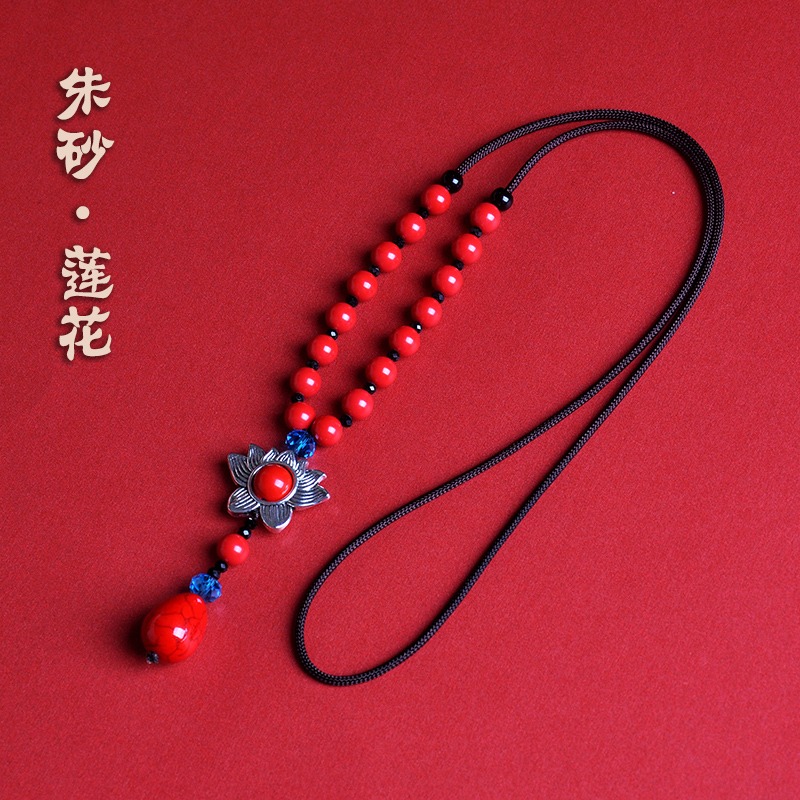 硃砂毛衣鏈蓮花吊墜紅色長款項鏈女秋冬衣服配飾品掛件民族風掛飾-細節圖3