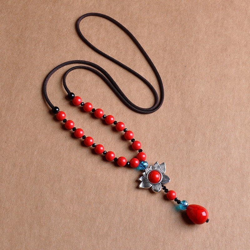 硃砂毛衣鏈蓮花吊墜紅色長款項鏈女秋冬衣服配飾品掛件民族風掛飾-細節圖4