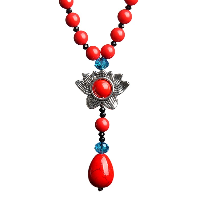 硃砂毛衣鏈蓮花吊墜紅色長款項鏈女秋冬衣服配飾品掛件民族風掛飾-細節圖5
