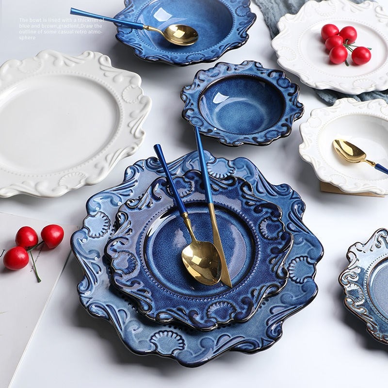 法式盤子餐具復古浮雕陶瓷家用盤西餐盤飯碗湯麪碗甜品盤6寸8寸盤-細節圖3