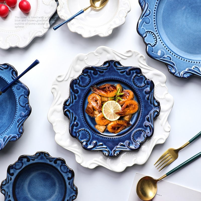 法式盤子餐具復古浮雕陶瓷家用盤西餐盤飯碗湯麪碗甜品盤6寸8寸盤-細節圖4