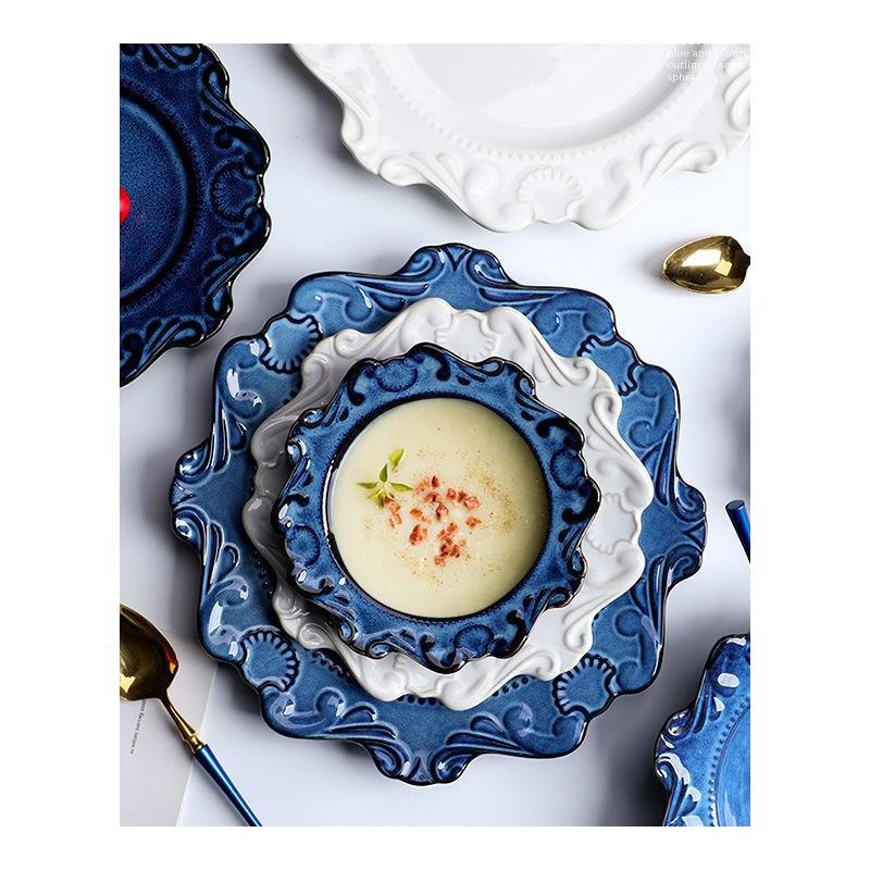 法式盤子餐具復古浮雕陶瓷家用盤西餐盤飯碗湯麪碗甜品盤6寸8寸盤-細節圖5
