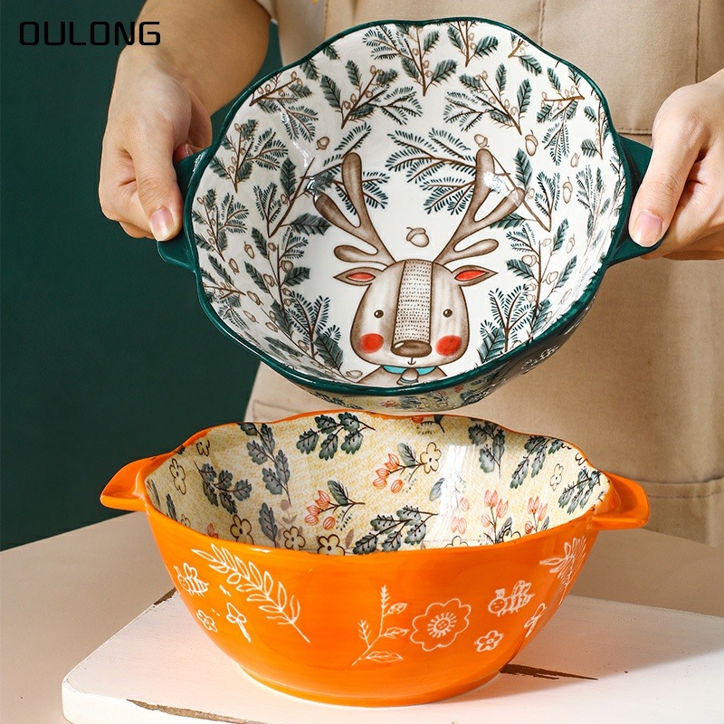 雙耳湯碗家用防燙陶瓷大號卡通可愛餐具盛湯麪碗不燙手少女心湯盆-細節圖2