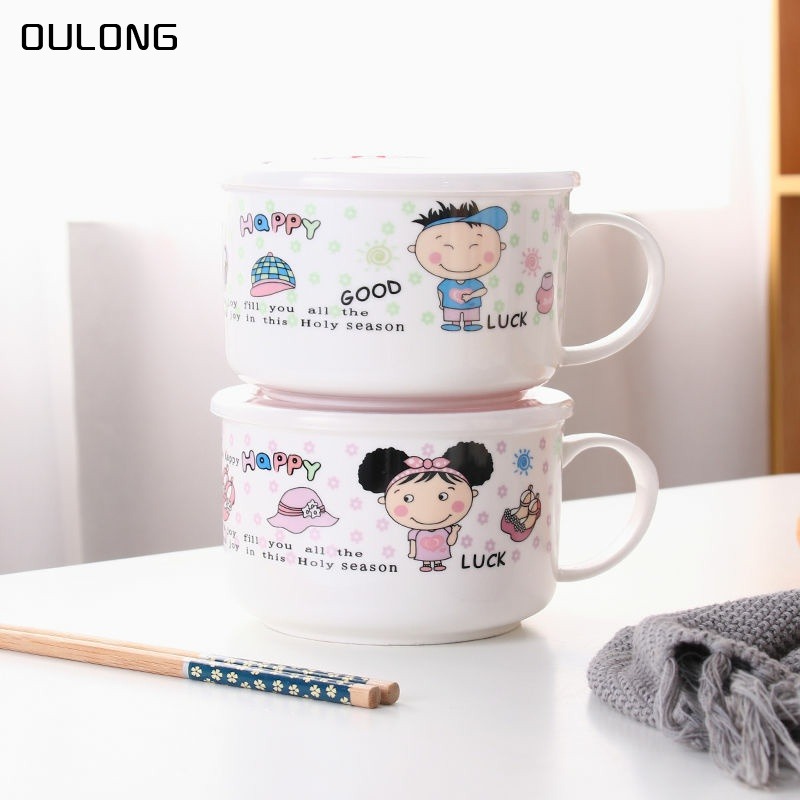 陶瓷泡麪碗帶把帶蓋保鮮碗可愛飯盒學生便當盒大號方便麪碗套裝-細節圖3